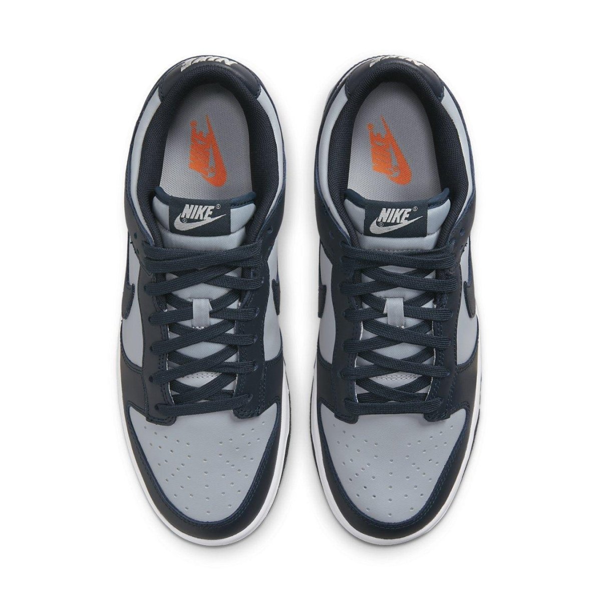 Nike Dunk Low Georgetown sneakers in gray and navy with vibrant orange details and classic design.