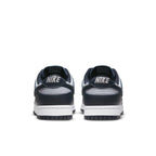 Rear view of Nike Dunk Low Georgetown sneakers featuring navy blue and grey color scheme with Nike branding.