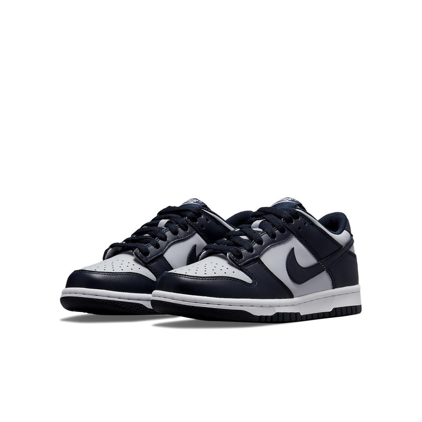 Nike Dunk Low Georgetown GS sneakers with gray and dark obsidian colorway for kids, featuring classic basketball design.