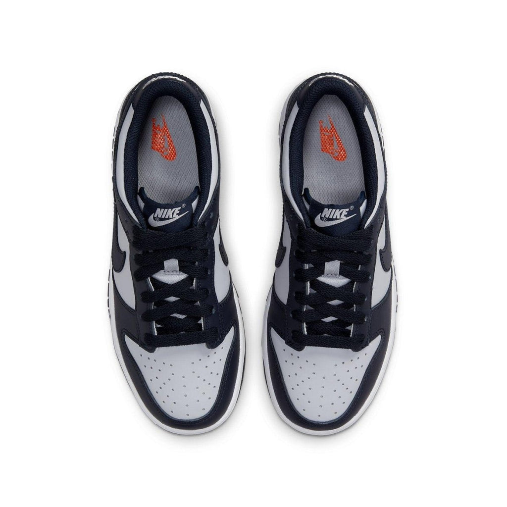 Nike Dunk Low Georgetown GS sneakers from above, featuring a grey and dark obsidian colorway with contrasting logo.