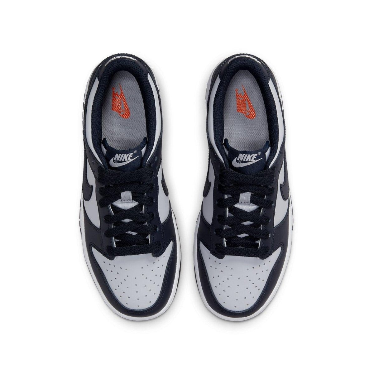 Nike Dunk Low Georgetown GS sneakers from above, featuring a grey and dark obsidian colorway with contrasting logo.
