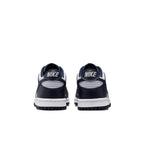 Rear view of Nike Dunk Low Georgetown GS sneakers featuring dark obsidian and light gray leather.