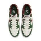 Nike Dunk Low Gorge Green top view with white, green, and red colorway, featuring a classic basketball design.