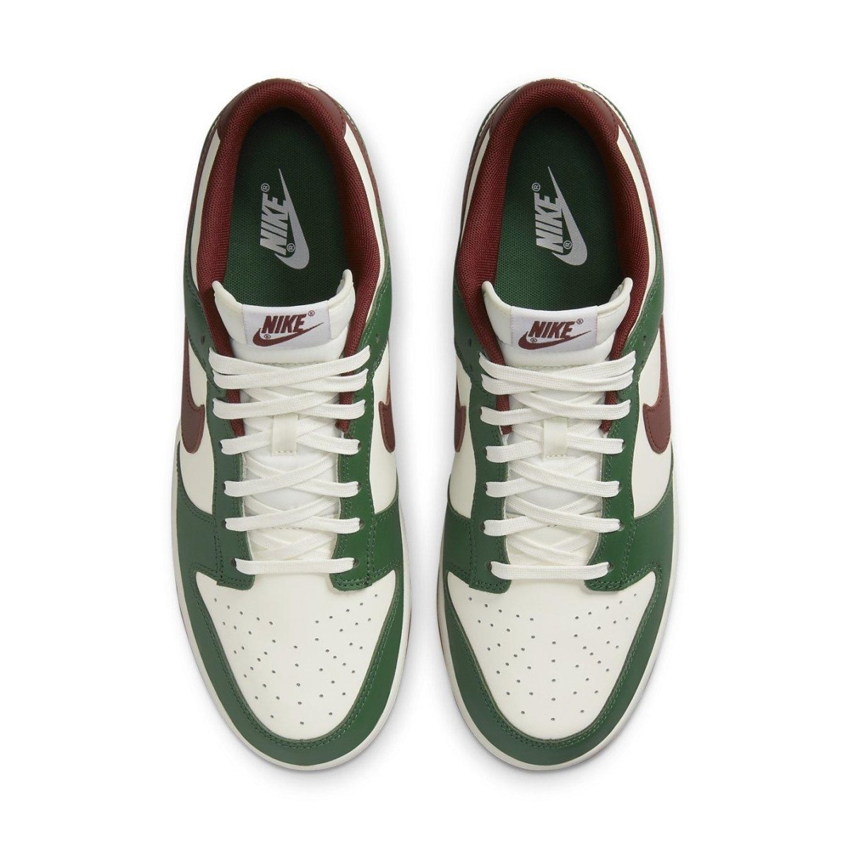 Nike Dunk Low Gorge Green top view with white, green, and red colorway, featuring a classic basketball design.