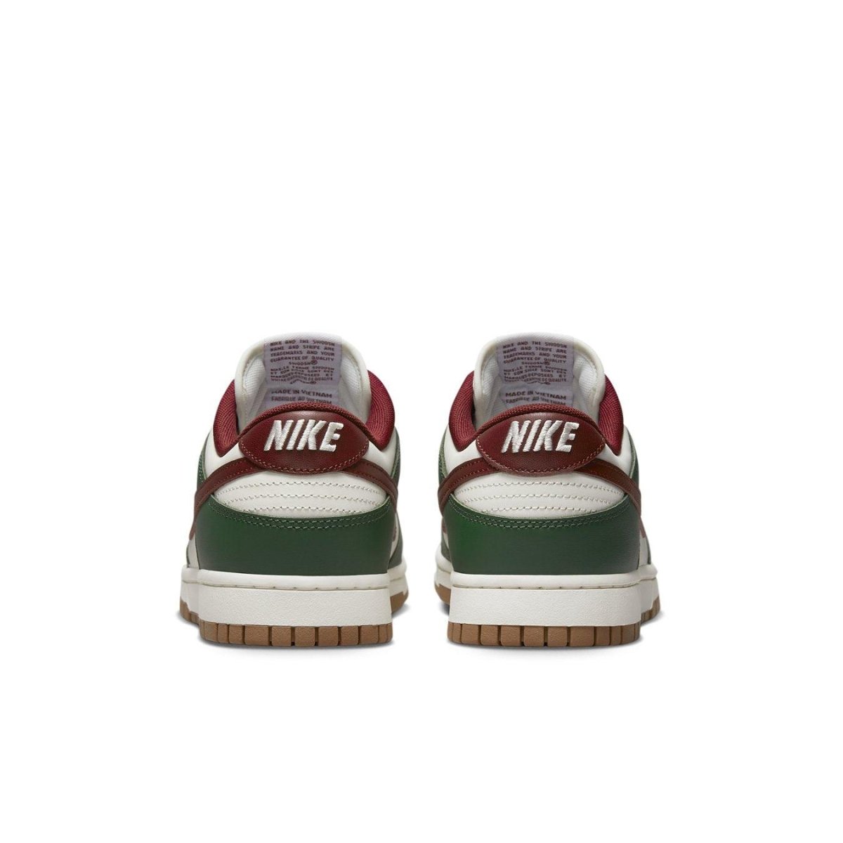 Nike Dunk Low Gorge Green sneakers rear view with green and red accents, showcasing vintage basketball style.