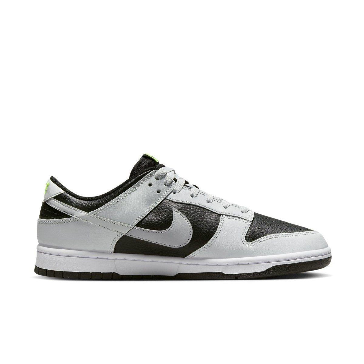 Nike Dunk Low Grey Panda Volt sneakers with black and white colorway, featuring neon accents and textured leather.