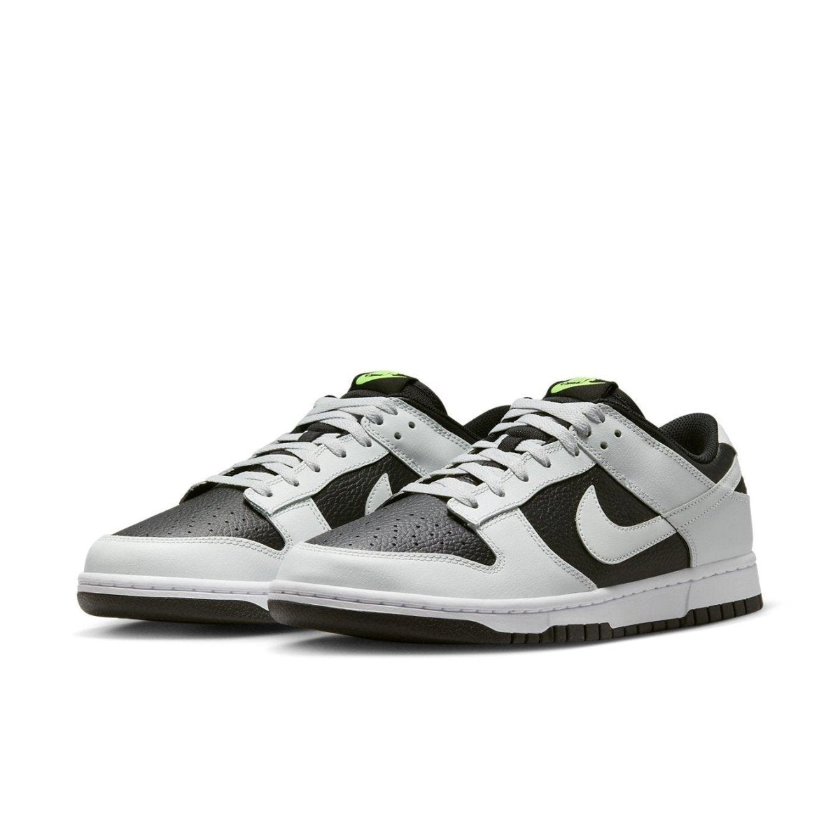 Nike Dunk Low Grey Panda Volt featuring black and white leather, with neon accents and classic white rubber sole.