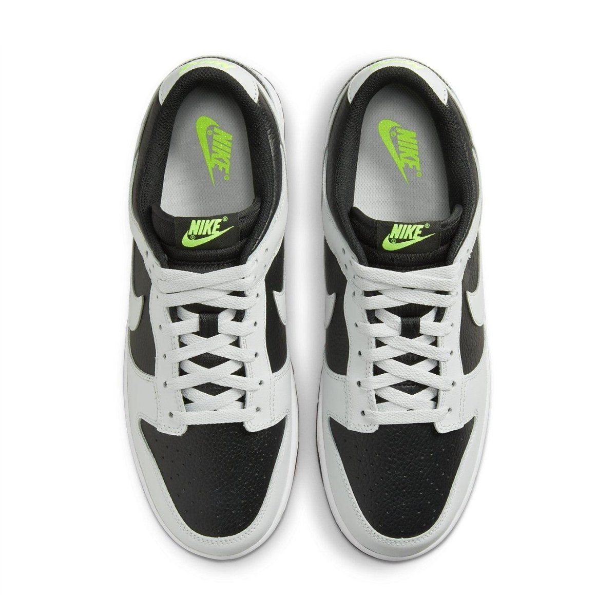 Nike Dunk Low Grey Panda Volt sneakers with black and white design, featuring neon green accents on tongue and insoles.
