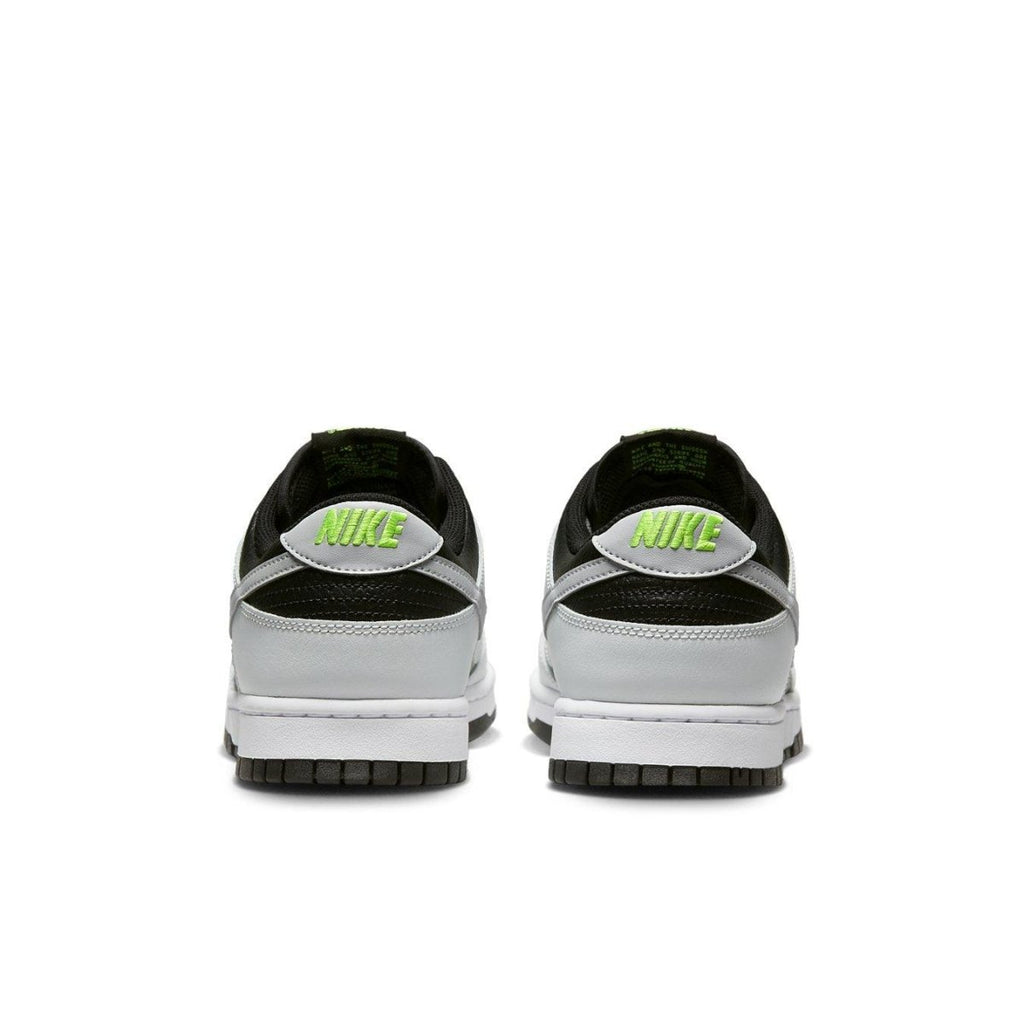 Nike Dunk Low Grey Panda Volt sneakers rear view with neon accents and white sole.