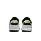 Nike Dunk Low Grey Panda Volt sneakers rear view with neon accents and white sole.