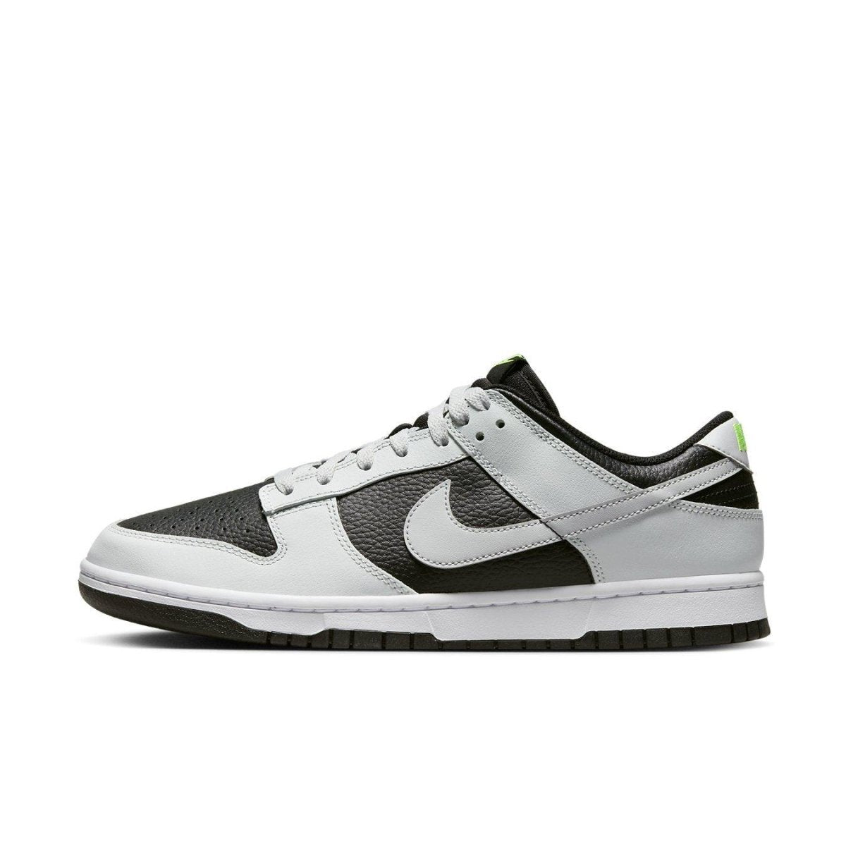 Nike Dunk Low Grey Panda Volt sneakers featuring black and white design with neon accents.