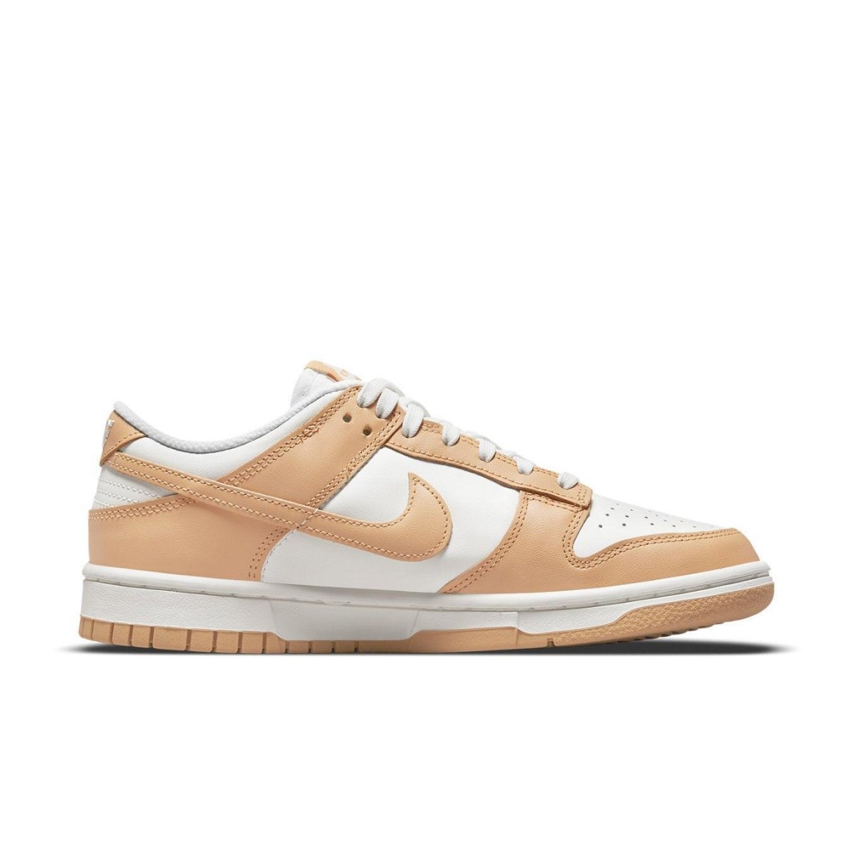 Nike Dunk Low Harvest Moon (W) sneaker featuring white leather and light brown overlays.