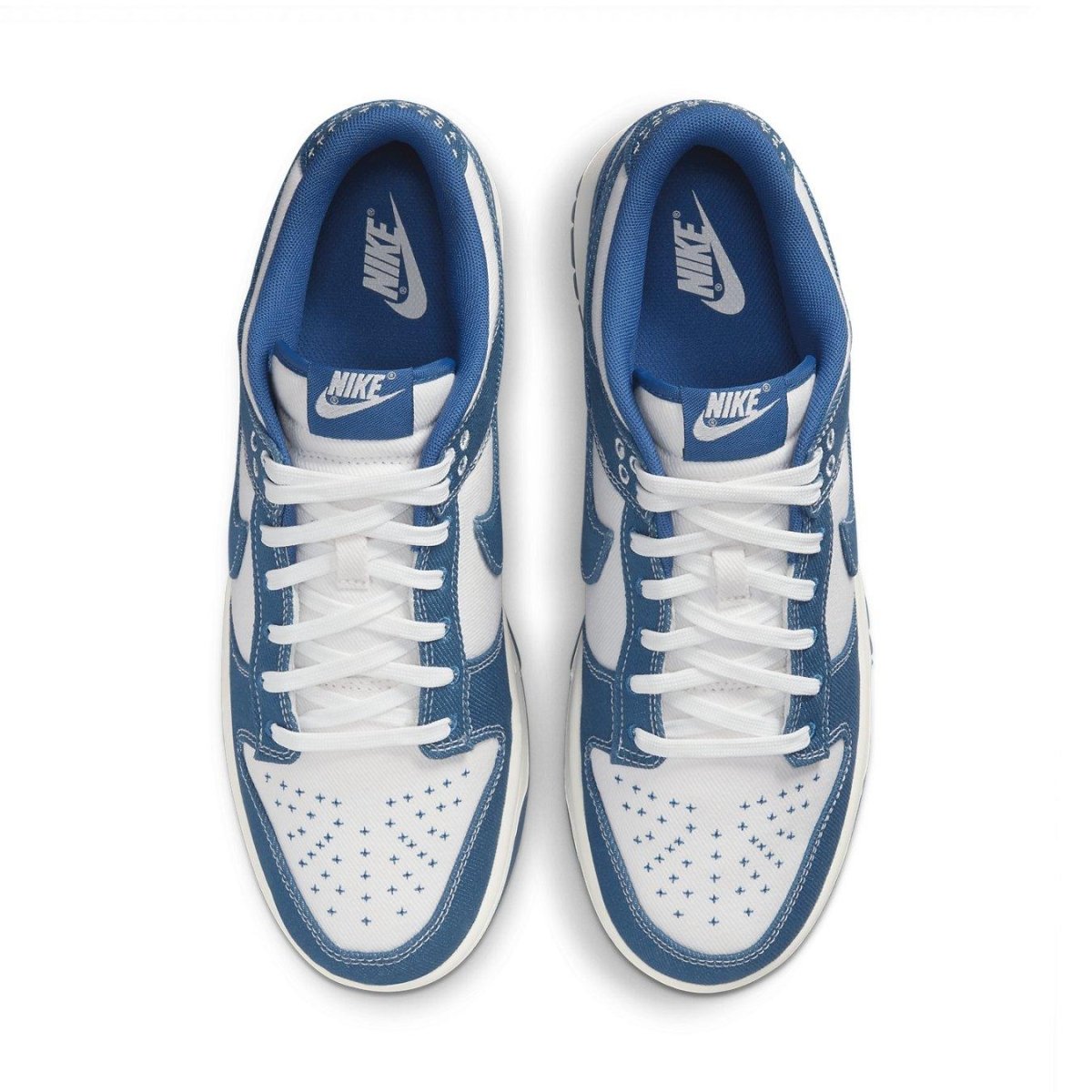 Nike Dunk Low Industrial Blue Sashiko sneakers featuring white and blue colorway with intricate stitching details.