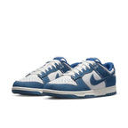Nike Dunk Low Industrial Blue Sashiko sneakers featuring white and blue denim with contrast stitching.