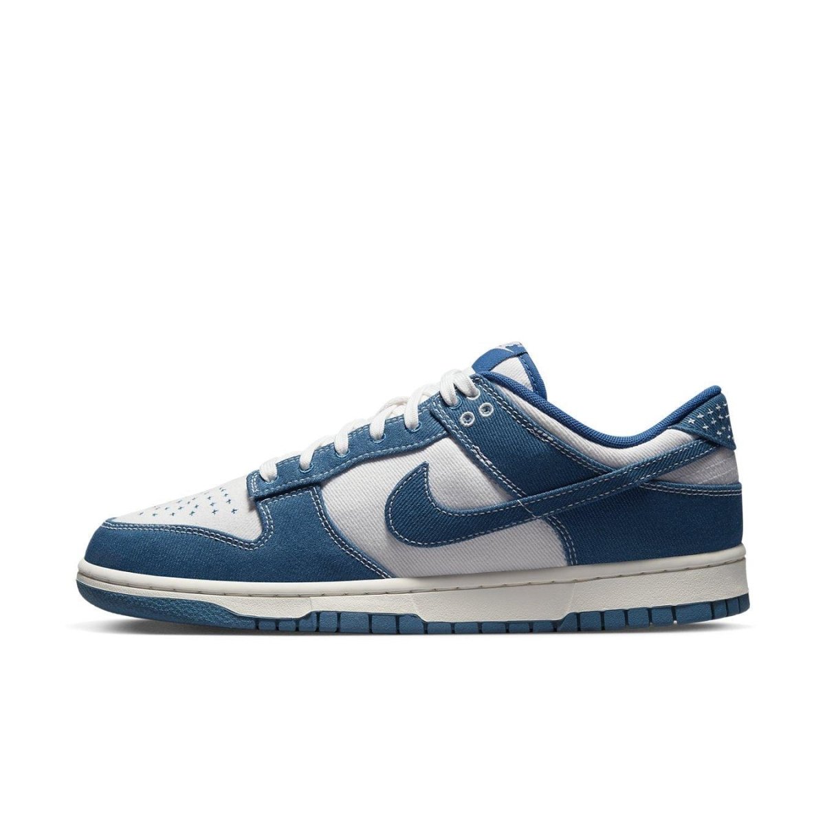 Nike Dunk Low Industrial Blue Sashiko sneaker with clean white layers and contrasting industrial blue denim accents.