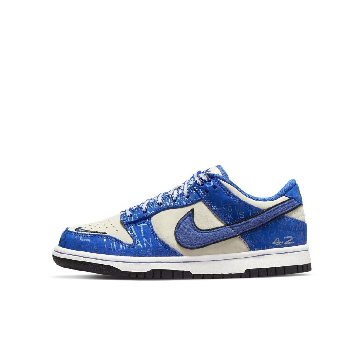 Nike Dunk Low Jackie Robinson (GS) in Dodgers colors with #42 detail and unique text design.