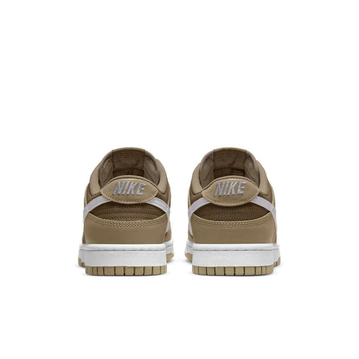 Nike Dunk Low Judge Grey rear view showcasing mocha and light brown details with white outsole.