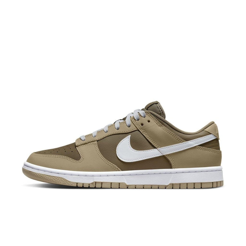 Nike Dunk Low Judge Grey shoes in mocha brown with lighter overlays and white swoosh on a clean background.