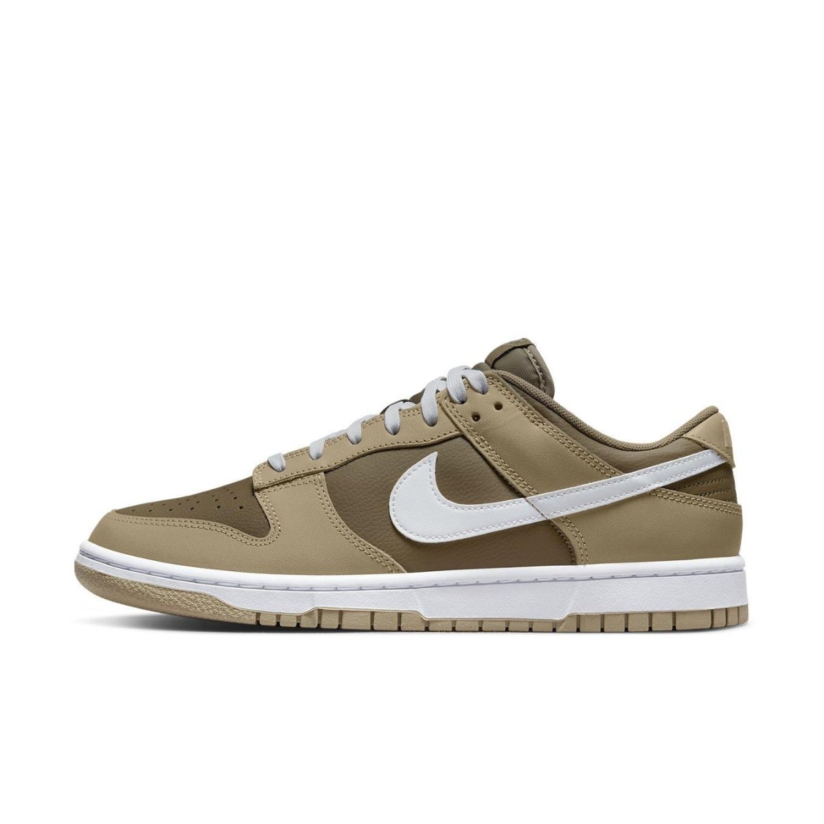 Nike Dunk Low Judge Grey shoes in mocha brown with lighter overlays and white swoosh on a clean background.