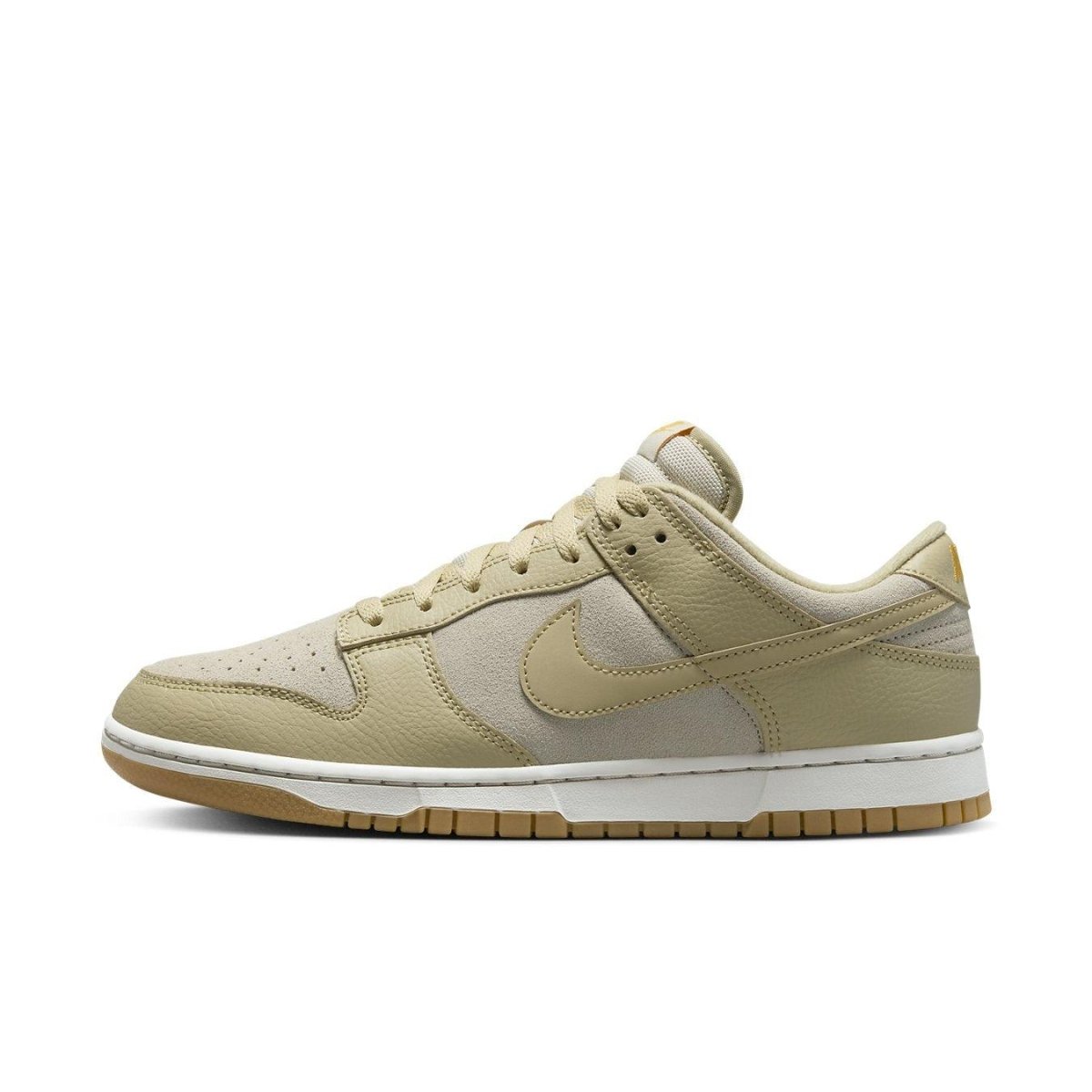 Nike Dunk Low Khaki Suede Gum sneaker showing khaki suede and gum sole with classic Swoosh design.