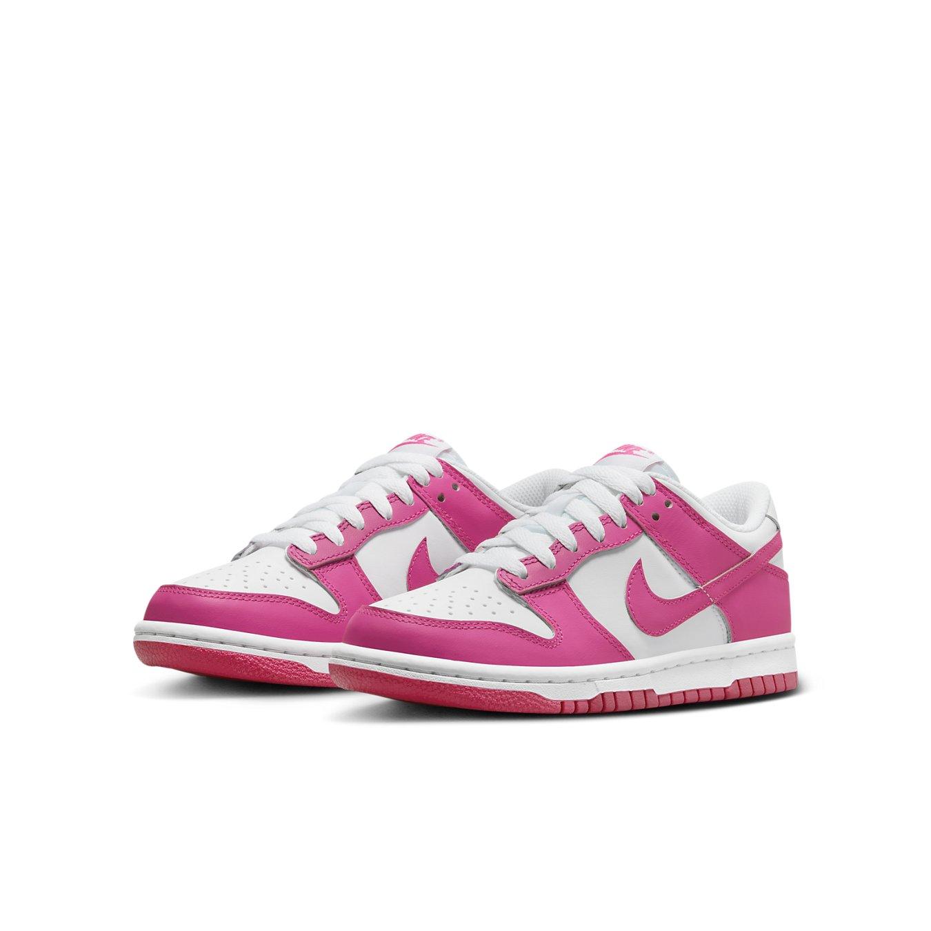 Nike Dunk Low Laser Fuchsia (GS) sneakers, stylish design in vibrant pink and white, perfect for casual and active wear.