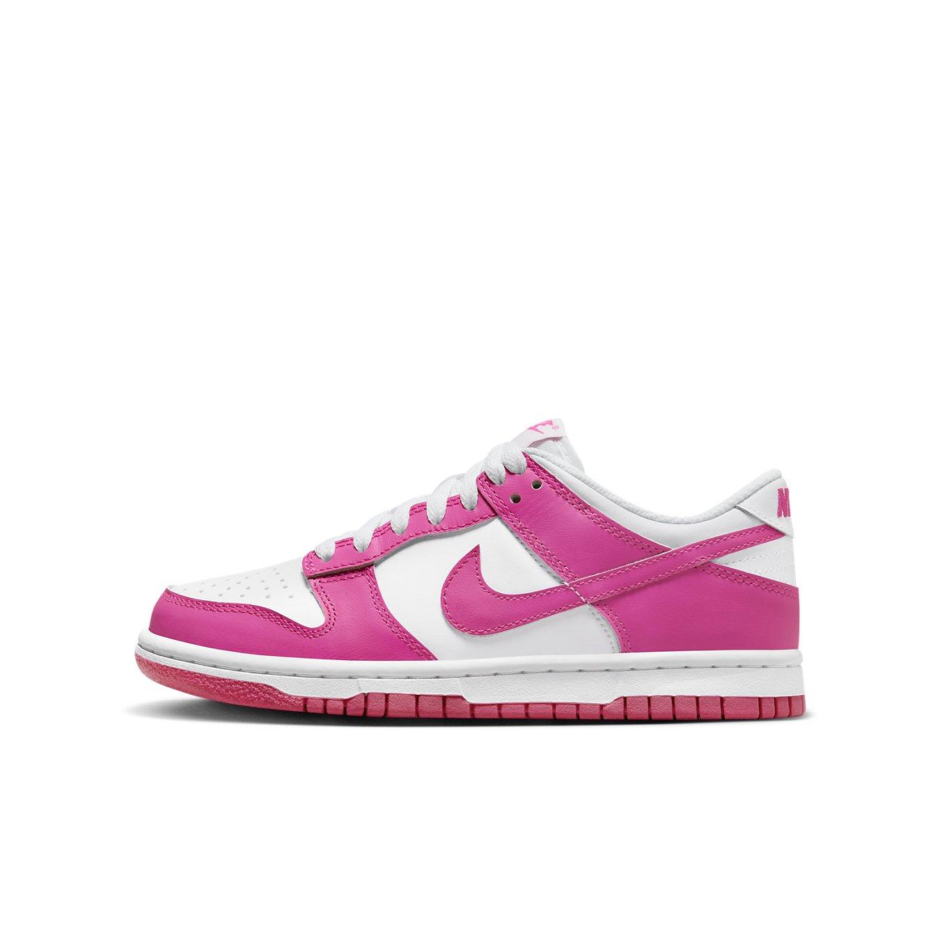 Nike Dunk Low Laser Fuchsia sneakers in vibrant pink and white, perfect for casual outings and active wear.