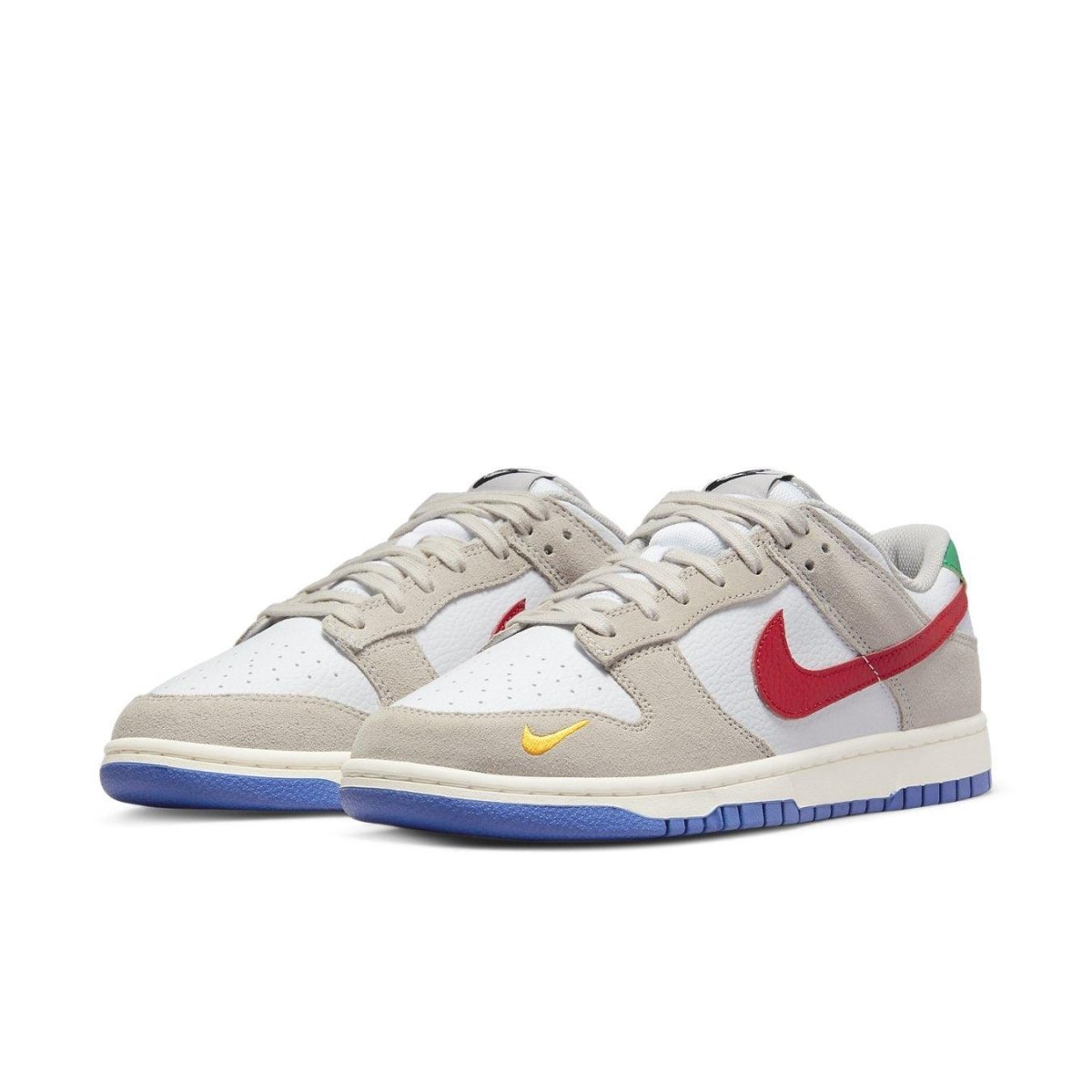 Nike Dunk Low Light Iron Ore Red Blue sneakers in gray, white, red, and green colorway.