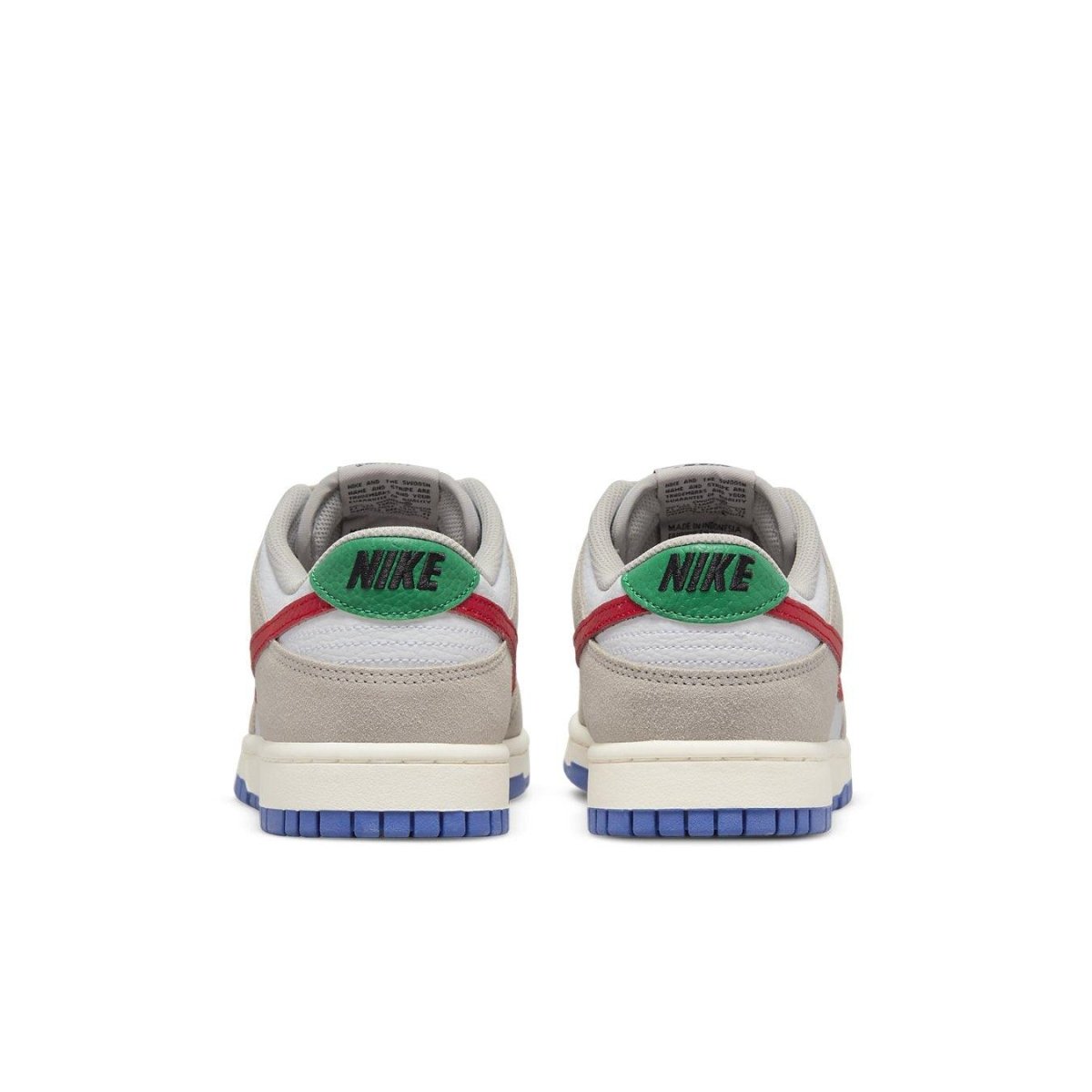 Rear view of Nike Dunk Low Light Iron Ore with red accents and green logo on heel.