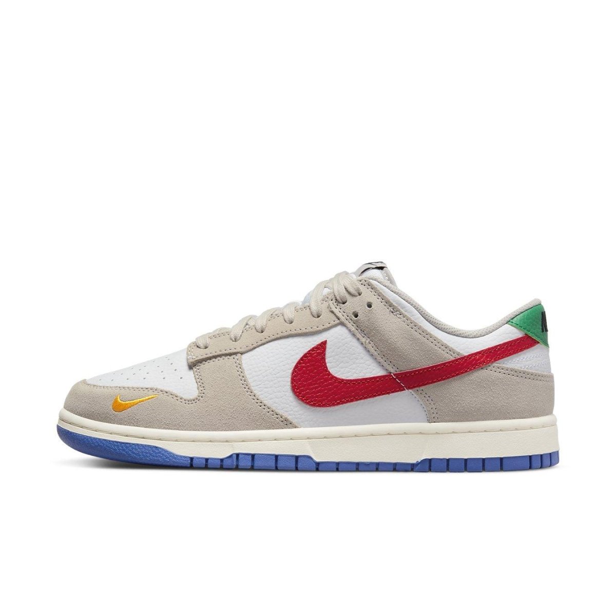 Nike Dunk Low Light Iron Ore Red Blue sneaker with suede and leather design in neutral tones.