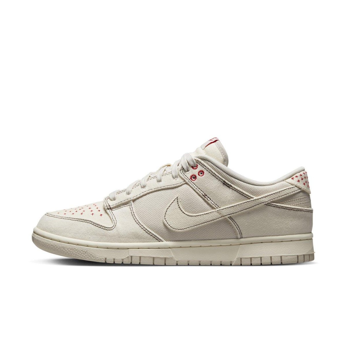 Nike Dunk Low Light Orewood Brown Sashiko sneaker in cream with red accents, showcasing a stylish low-top design.