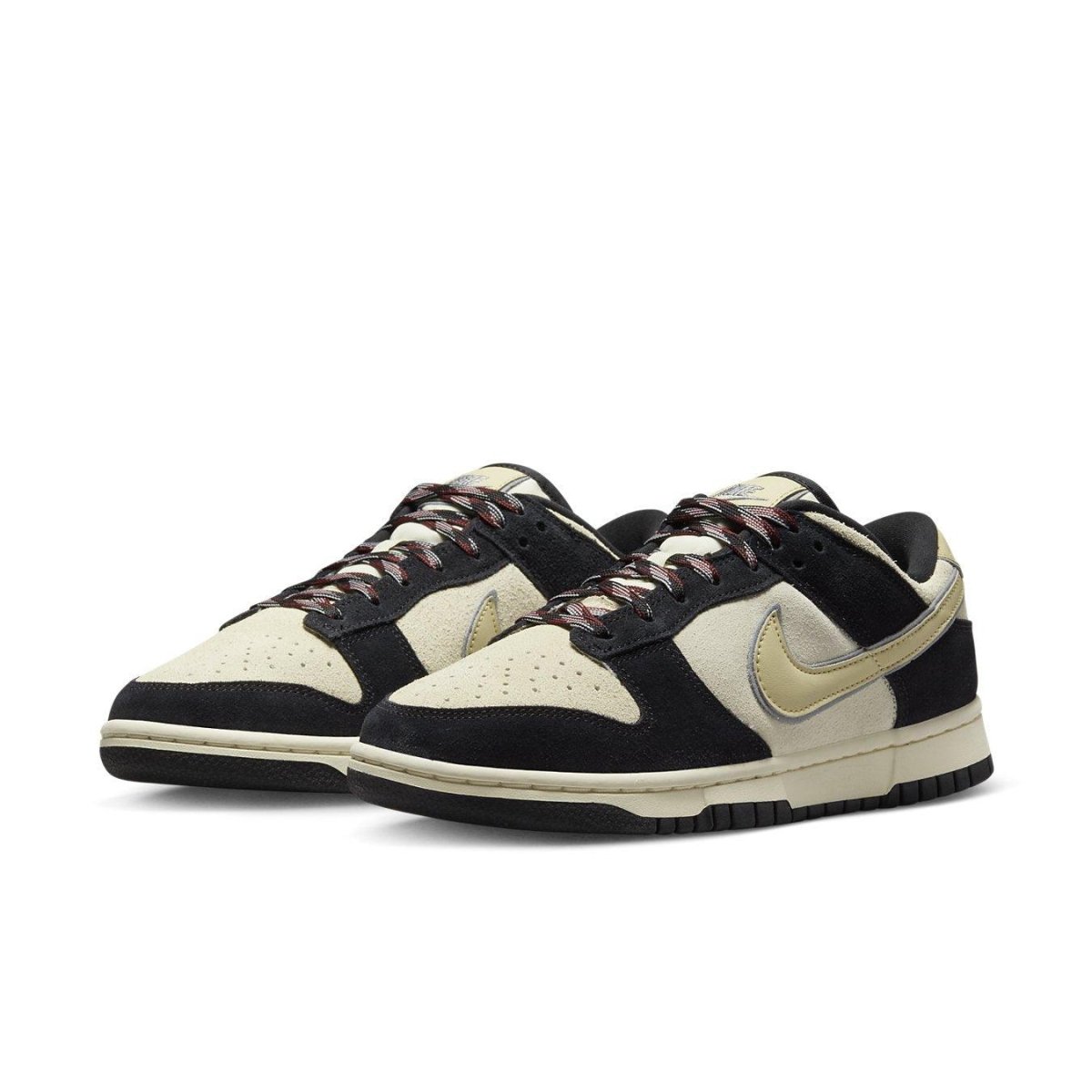 Nike Dunk Low LX Black Team Gold (W) showcasing a playful hamburger-inspired design and sesame seed overlays.