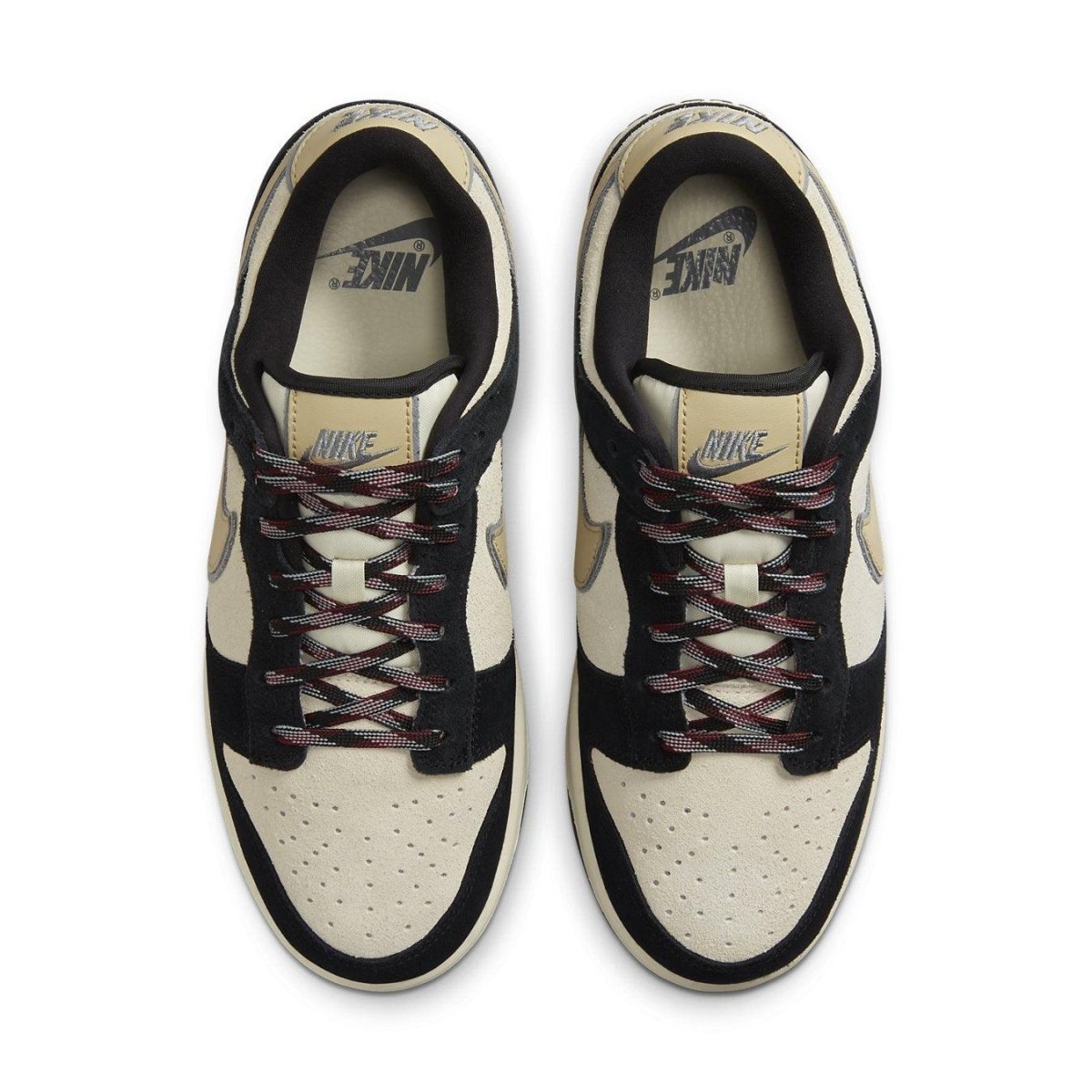 Nike Dunk Low LX Black Team Gold sneakers with sesame print and contrasting Swoosh design.