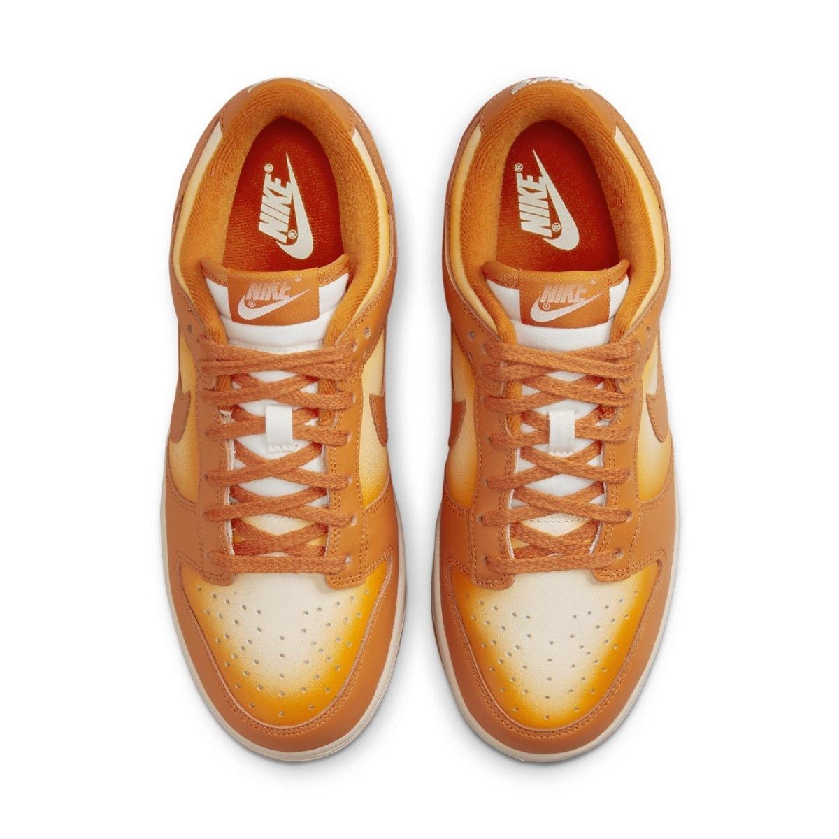 Nike Dunk Low Magma Orange (W) top view showcasing vibrant orange and white colorway.