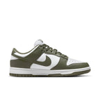 Nike Dunk Low Medium Olive (W) in olive green and white, featuring smooth leather panels and classic Dunk color blocking.