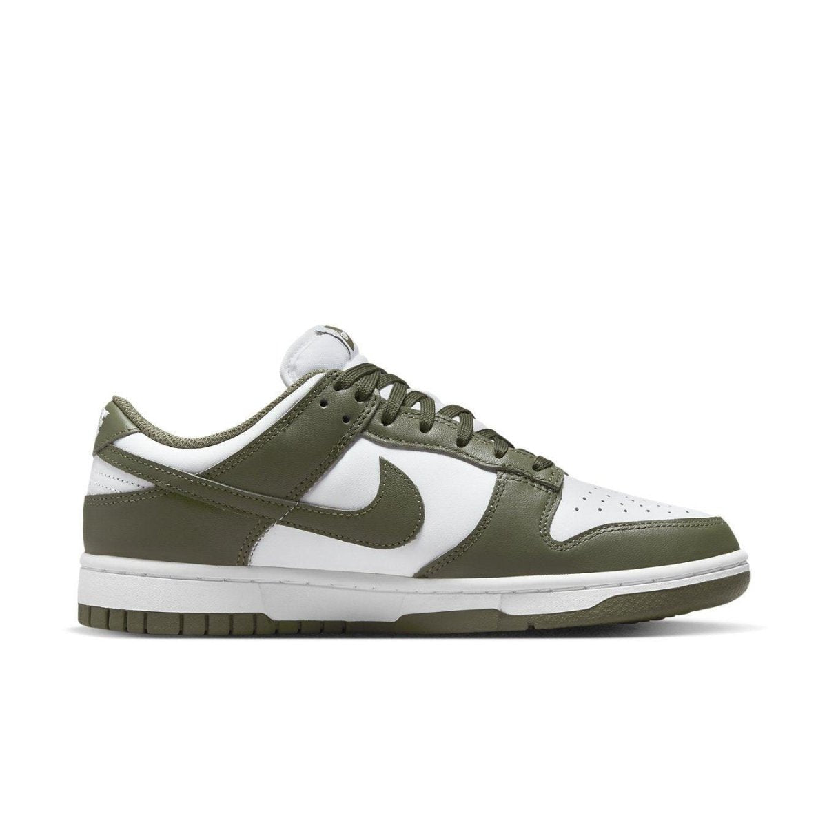 Nike Dunk Low Medium Olive (W) in olive green and white, featuring smooth leather panels and classic Dunk color blocking.