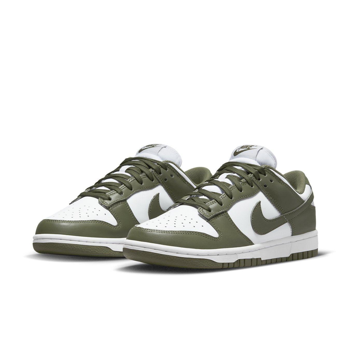Nike Dunk Low Medium Olive women’s sneakers in olive green and white colorway.
