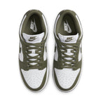 Nike Dunk Low Medium Olive (W) sneakers featuring a white and olive colorway with smooth leather panels.
