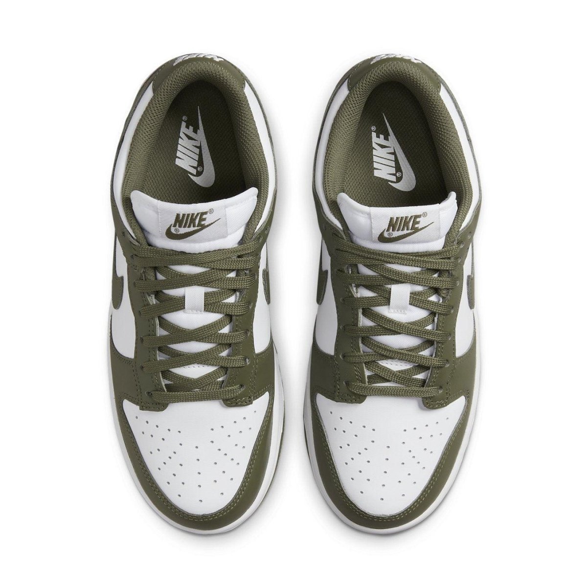 Nike Dunk Low Medium Olive (W) sneakers featuring a white and olive colorway with smooth leather panels.