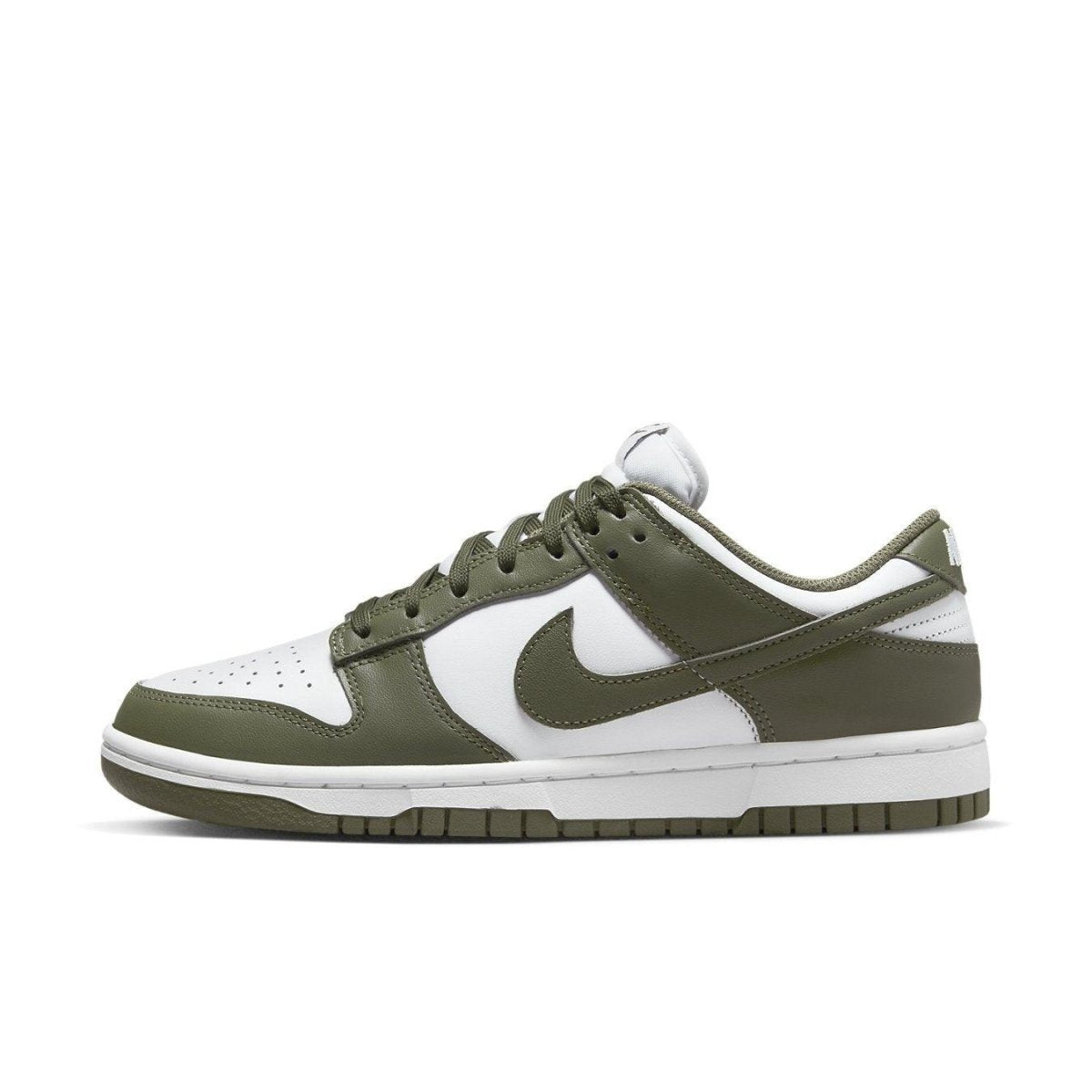 Nike Dunk Low Medium Olive (W) in green and white leather, stylish sneakers for casual wear.