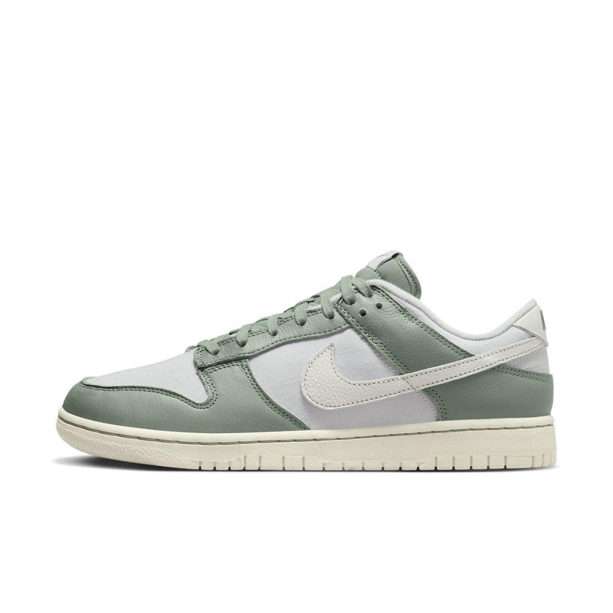 Nike Dunk Low in Mica Green featuring vintage canvas and leather design for a stylish summer look.