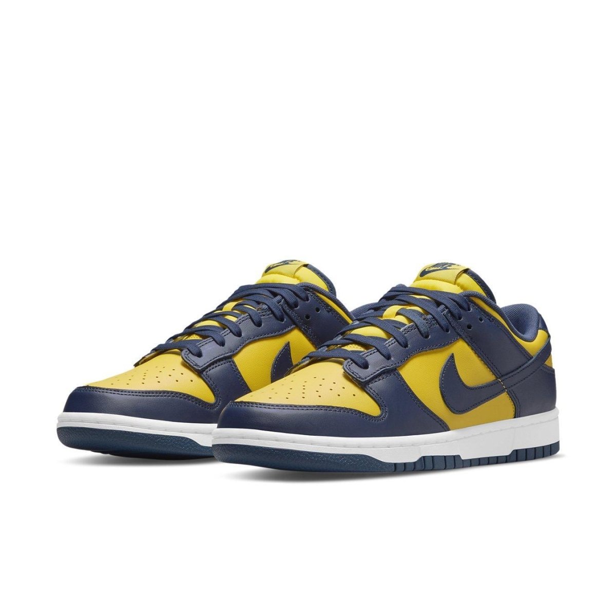 Nike Dunk Low Michigan 2021 shoes in Varsity Maize and Midnight Navy, featuring Swoosh logos and embroidered details.