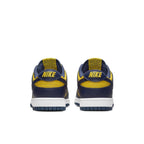 Nike Dunk Low Michigan 2021 rear view featuring Varsity Maize and Midnight Navy design with embroidered Nike logo