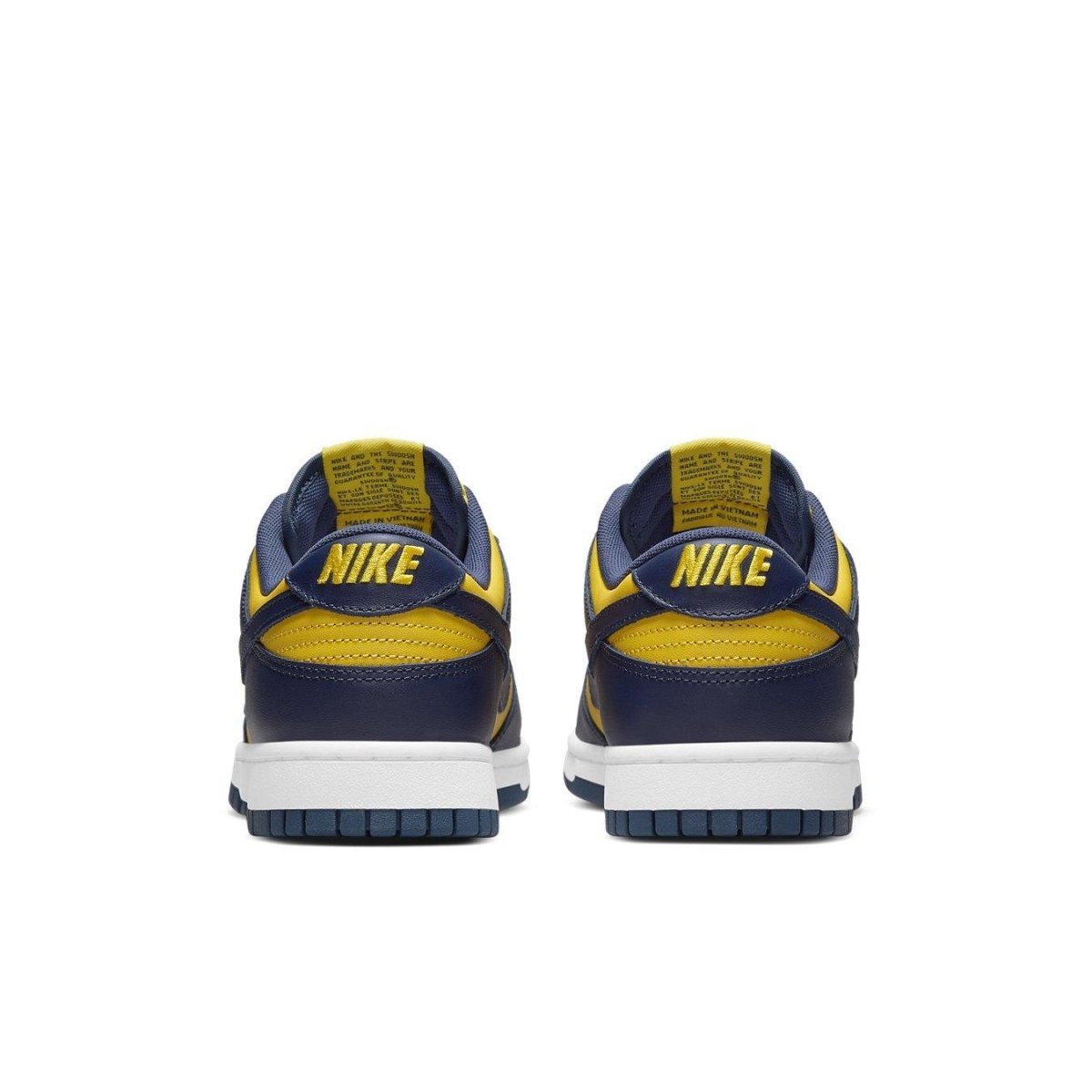 Nike Dunk Low Michigan 2021 rear view featuring Varsity Maize and Midnight Navy design with embroidered Nike logo