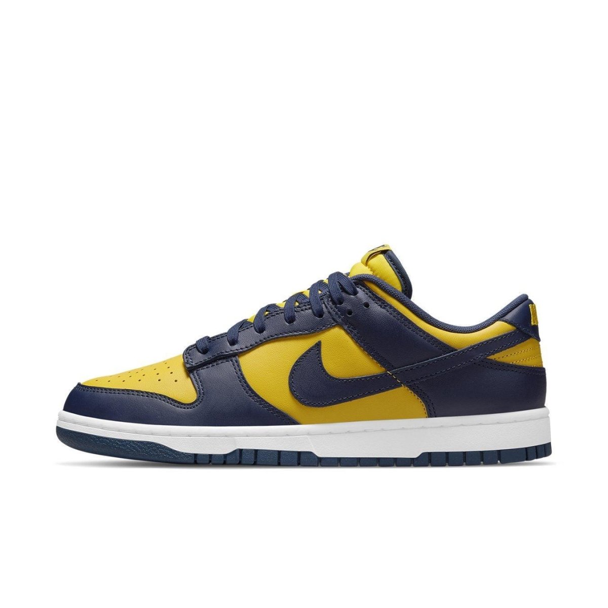 Nike Dunk Low Michigan (2021) sneakers in Varsity Maize and Midnight Navy with Swoosh logo and embroidered branding.