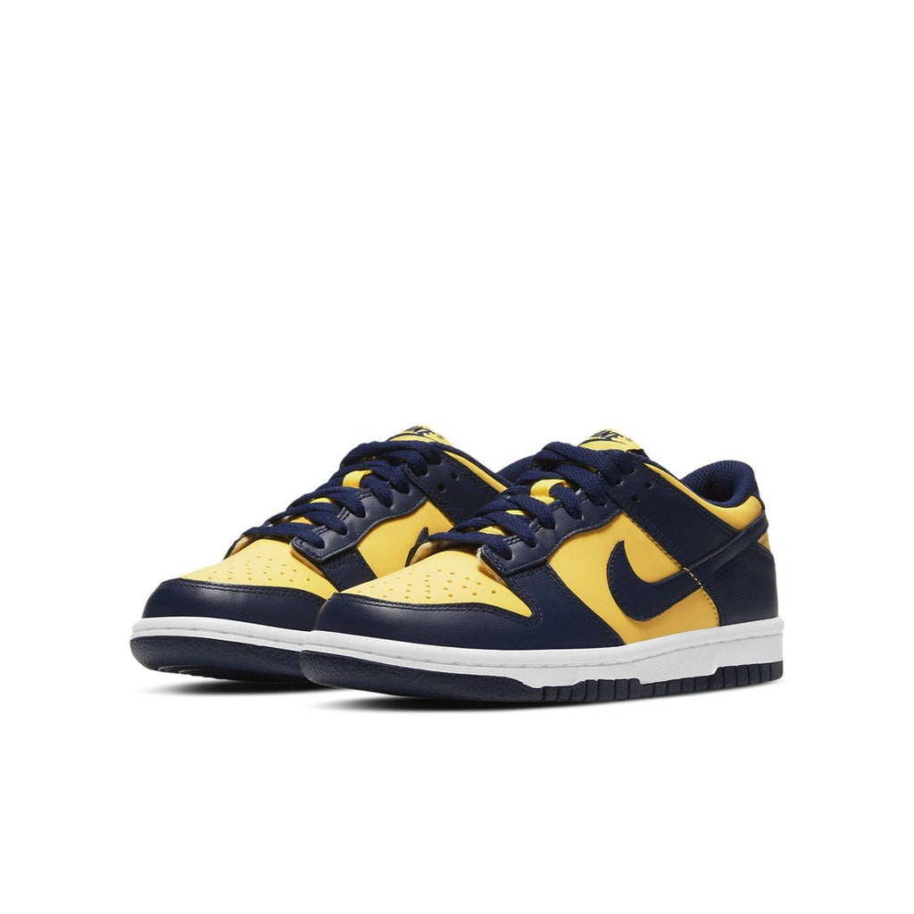 Nike Dunk Low Michigan 2021 GS in vibrant yellow and navy colorway, perfect for stylish casual wear.