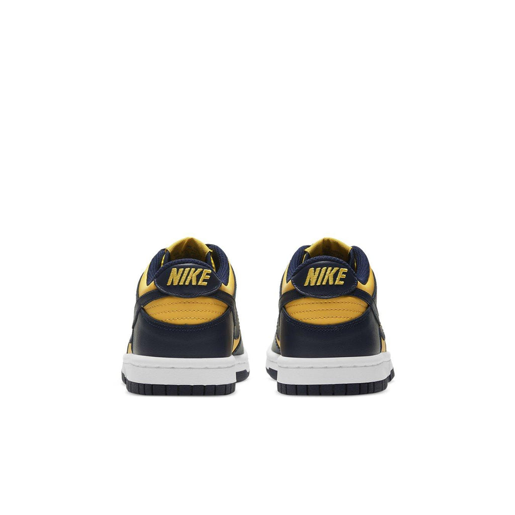 Nike Dunk Low Michigan 2021 rear view showcasing vibrant yellow and navy design, perfect for casual wear.