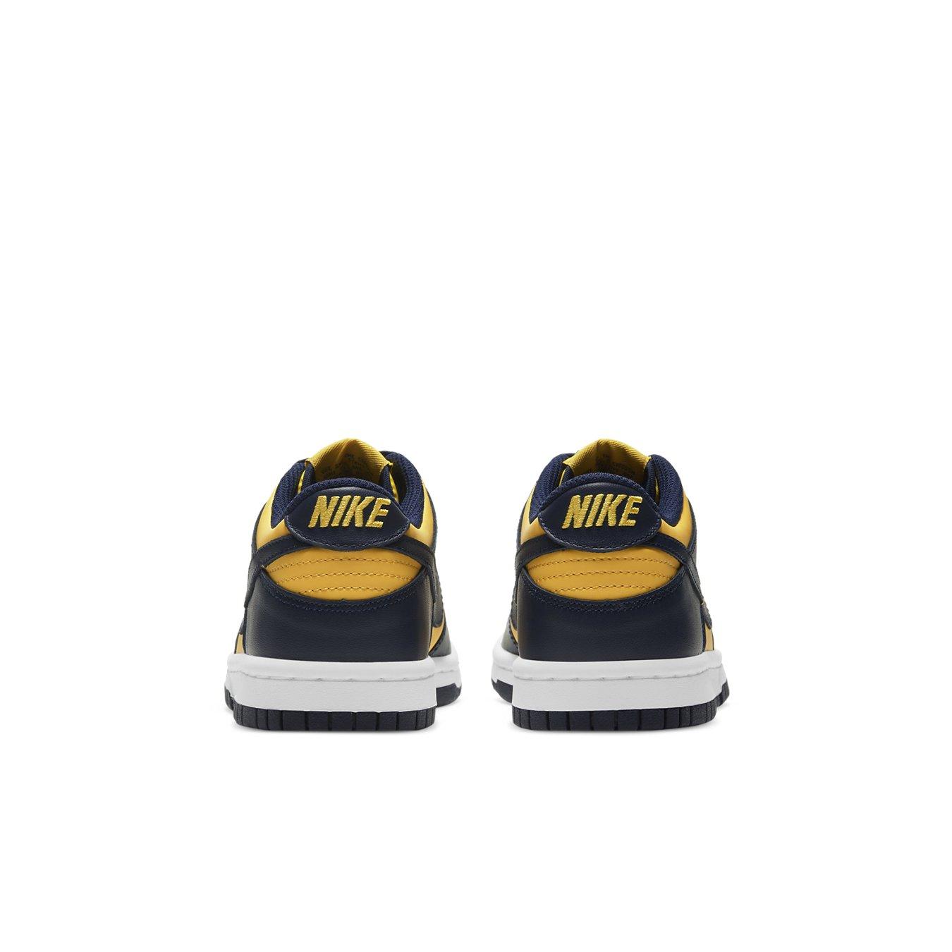 Nike Dunk Low Michigan 2021 rear view showcasing vibrant yellow and navy design, perfect for casual wear.