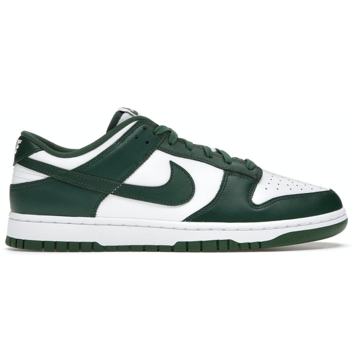 Nike Dunk Low Michigan State in green and white leather with iconic 'Be True to Your School' color blocking.