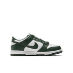 Nike Dunk Low GS 'Michigan State' in white and green, featuring a leather design and low-top silhouette.