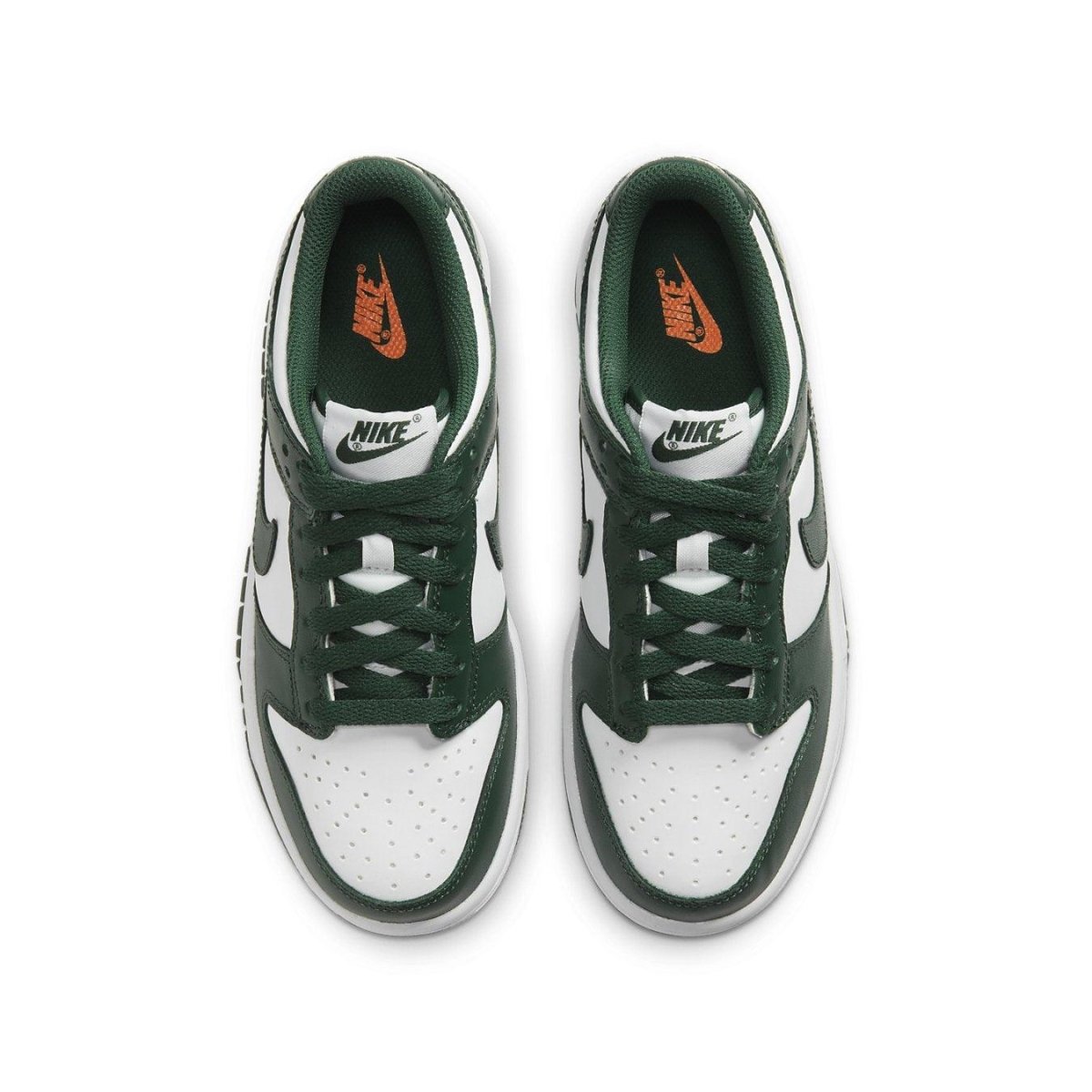 Nike Dunk Low Michigan State GS sneaker showing green and white colorway and padded collar for comfort.